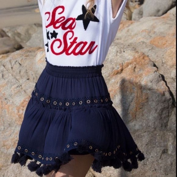 MISA Los Angeles Marcella Navy Tassel Skirt - Picture 2 of 7